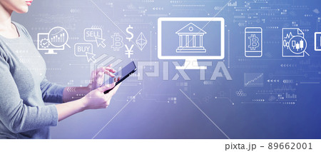 Cryptocurrency fintech theme with woman using a tablet Cryptocurrency fintech theme with woman using a tablet 89662001