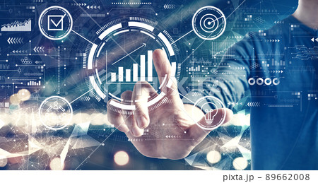 Marketing concept with a man on city background Marketing concept with a man on city background 89662008