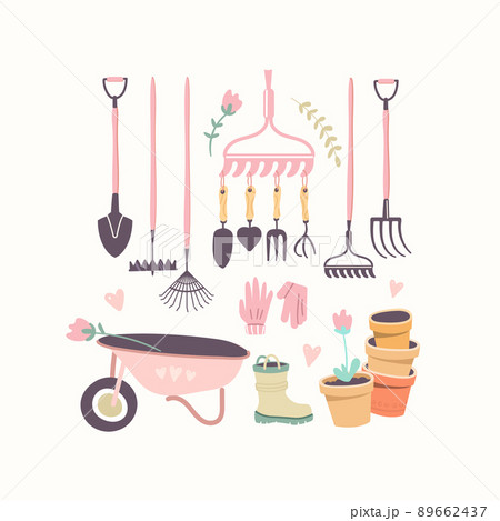 Cute garden set. Illustrations of garden tools for growing and caring for plants Cute garden set. Illustrations of garden tools for growing and caring for plants 89662437