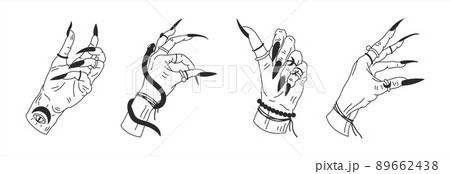 Witch's hands in different positions. Mystical graphic outline vector illustration 89662438