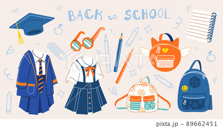 School outfit. Childrens graphic elements and icons in cartoon style. Back to school concept School outfit. Childrens graphic elements and icons in cartoon style. Back to school concept 89662451