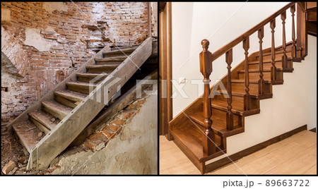 Comparison of modern brown wooden oak staircase with carved railing in new renovated apartment interior and old ladder stairs. Before renovation and after house reconstruction collage. 89663722
