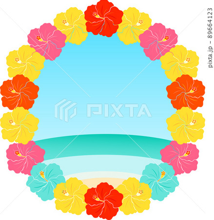 カラフルなハイビスカスの円形フレームとビーチのイラスト カラフルなハイビスカスの円形フレームとビーチのイラスト 89664123