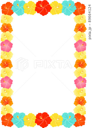 カラフルなハイビスカスのフレームと白背景のイラスト カラフルなハイビスカスのフレームと白背景のイラスト 89664124