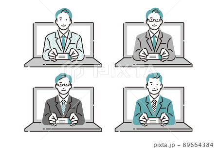 人物 パソコンでオンライン名刺交換をするビジネスパーソン男性アイコンセット 人物 パソコンでオンライン名刺交換をするビジネスパーソン男性アイコンセット 89664384