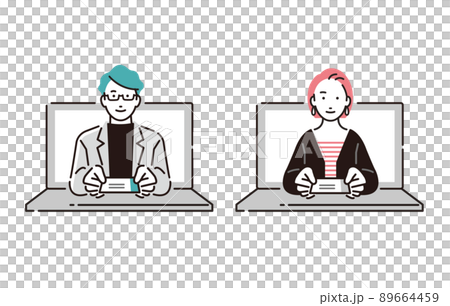 Men and women icon set for exchanging business cards online on a personal computer 89664459