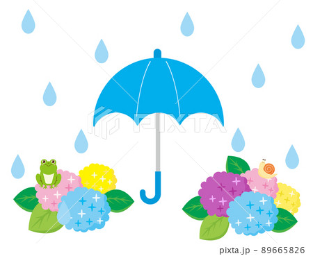 かわいいカエルとカタツムリ 傘 紫陽花 イラストセット かわいいカエルとカタツムリ 傘 紫陽花 イラストセット 89665826