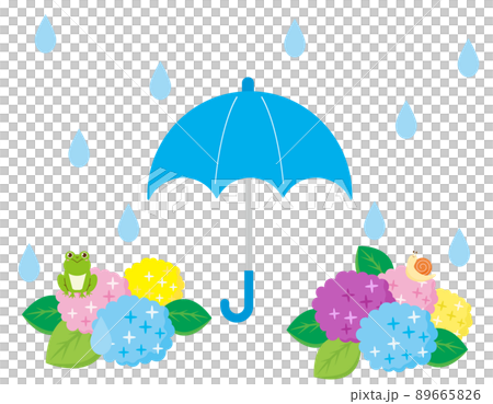 かわいいカエルとカタツムリ 傘 紫陽花 イラストセット かわいいカエルとカタツムリ 傘 紫陽花 イラストセット 89665826