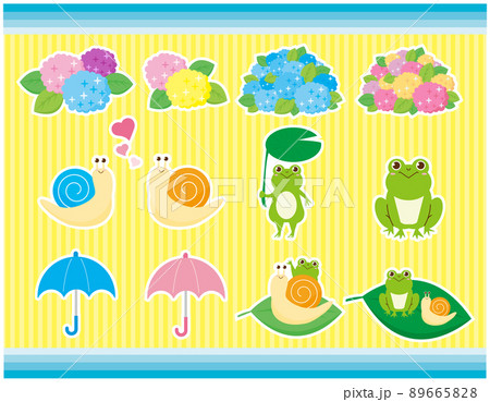 かわいいカエルとカタツムリ 紫陽花 イラストセット かわいいカエルとカタツムリ 紫陽花 イラストセット 89665828