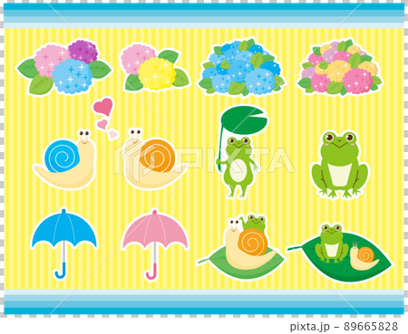 かわいいカエルとカタツムリ 紫陽花 イラストセット かわいいカエルとカタツムリ 紫陽花 イラストセット 89665828