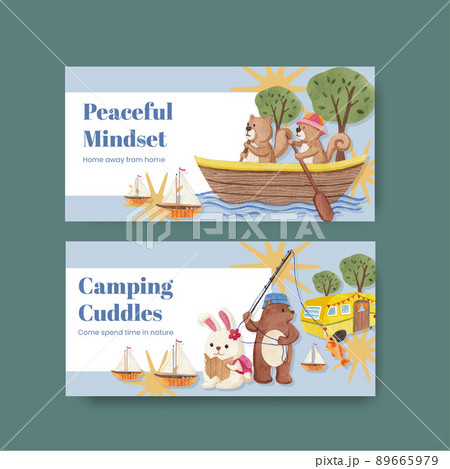 Tweet template with animal camping summer concept,watercolor style Tweet template with animal camping summer concept,watercolor style 89665979