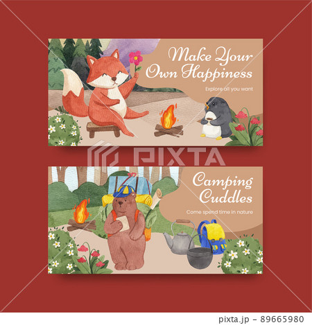 Tweet template with animal camping summer concept,watercolor style Tweet template with animal camping summer concept,watercolor style 89665980
