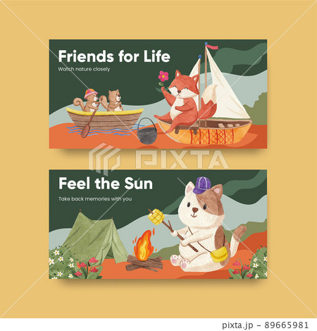 Tweet template with animal camping summer concept,watercolor style Tweet template with animal camping summer concept,watercolor style 89665981