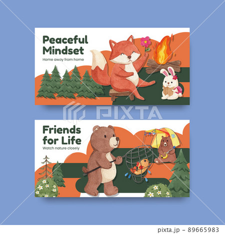 Tweet template with animal camping summer concept,watercolor style Tweet template with animal camping summer concept,watercolor style 89665983