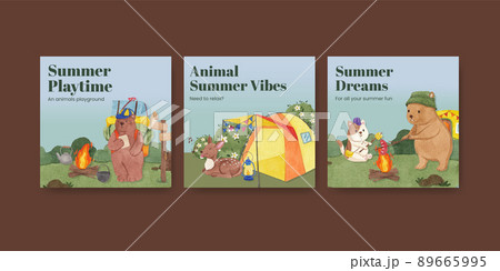 Banner template with animal camping summer concept,watercolor style 89665995