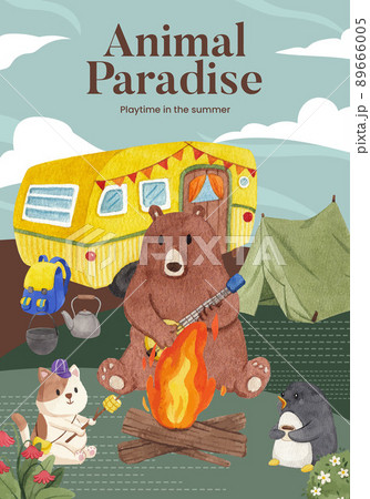 Poster template with animal camping summer concept,watercolor style 89666005