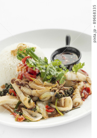 stir fry seafood spicy squid with kampot pepper in cambodia 89668335