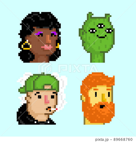 Pixel art characters pretty woman, alien, skater boy, ginger beard guy. NFT avatars concept vector 89668760