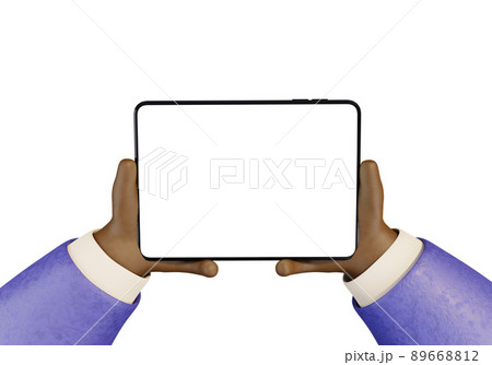 Cartoon business character using tablet high quality mock-up 3D style illustration. Black hands in 89668812