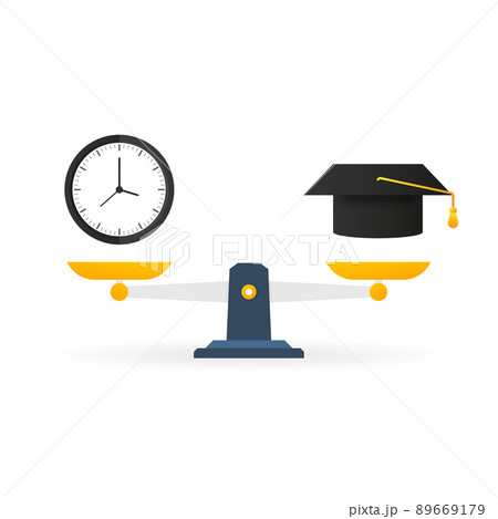 Education vs time on scales icon. Money and time balance on scale 89669179