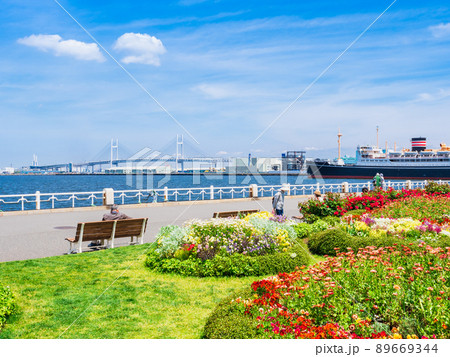 横浜　山下公園とベイブリッジ 89669344