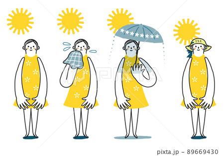 夏の日差しの下汗をかいたり、日傘をさしたり、麦わら帽子をかぶったりして暑さをしのいでいる女性　セット 89669430