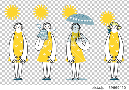 一組夏日烈日下汗流浹背的女性，撐起陽傘，戴上草帽禦寒。 89669430