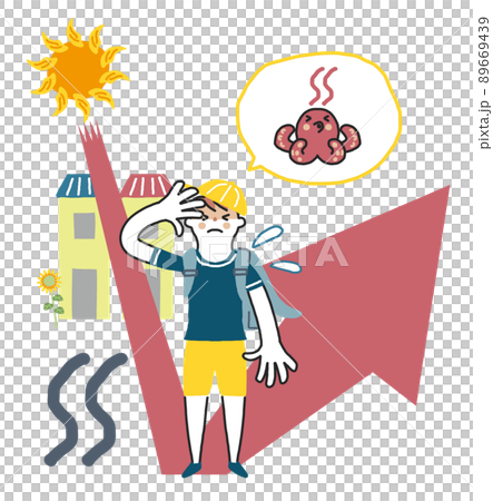 夏の暑い日差しと輻射熱にさらされてダメージを受けている子ども　イラスト素材 89669439