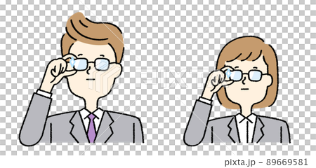 スーツを着て眼鏡に手をあてる真顔の男女の販売員 スーツを着て眼鏡に手をあてる真顔の男女の販売員 89669581