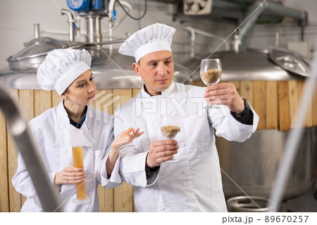 Woman and man brewers examining malted grain in brewery 89670257
