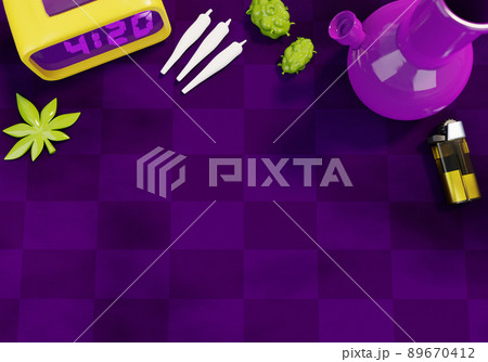 Medical marijuana and smoking devices 3D illustration table background. Different job scenarios flat 89670412