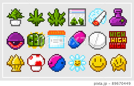 Medical marijuana pixel art style nft cbd weed icons set. 89670449