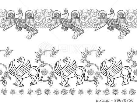 Byzantine traditional historical motifs of animals, birds, 89670756