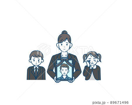 夫の葬式　家族葬　葬儀　告別式　通夜　遺影を持つ妻　女性　母親　死別 89671496