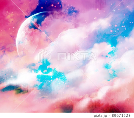 幻想的な雲と宇宙と月の夜空の背景イラストのイラスト素材