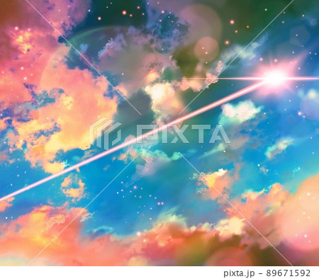 幻想的な雲と宇宙と月の夜空の背景と輝く流星のイラストのイラスト素材