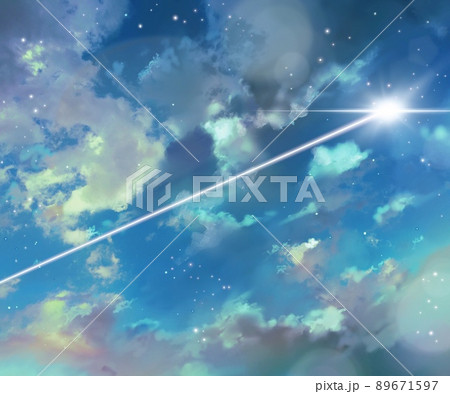 幻想的な雲と宇宙と月の夜空の背景と輝く流星のイラスト 89671597