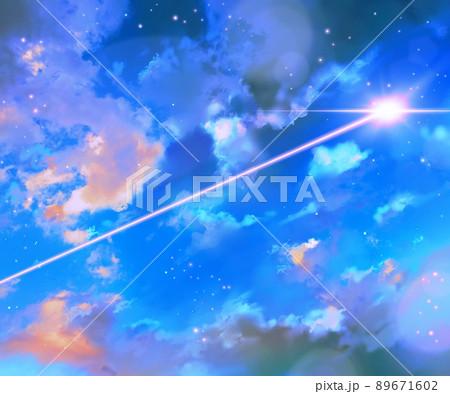 幻想的な雲と宇宙と月の夜空の背景と輝く流星のイラストのイラスト素材