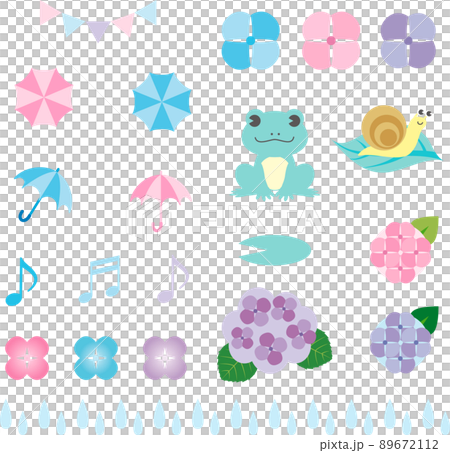 アイコン 飾り あしらい 夏 梅雨 あじさい 花 雨 かわいい おしゃれ ベクター イラストセットのイラスト素材