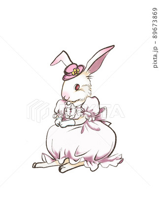 おしゃれな正装でピンクのワンピースを着た可愛い白ウサギのイラスト素材
