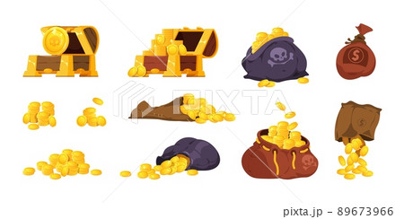 Chest and coin bag. Cartoon wooden pirate box with piles and stacks of golden coins, game award and treasure interface element. Vector medieval jewelry set Chest and coin bag. Cartoon wooden pirate box with piles and stacks of golden coins, game award and treasure interface element. Vector medieval jewelry set 89673966