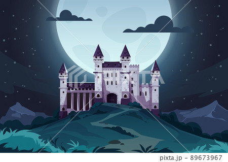 Evening cartoon castle. Medieval fairytale fortress at night, magic landscape with royal palace. Vector kingdom capital scene Evening cartoon castle. Medieval fairytale fortress at night, magic landscape with royal palace. Vector kingdom capital scene 89673967