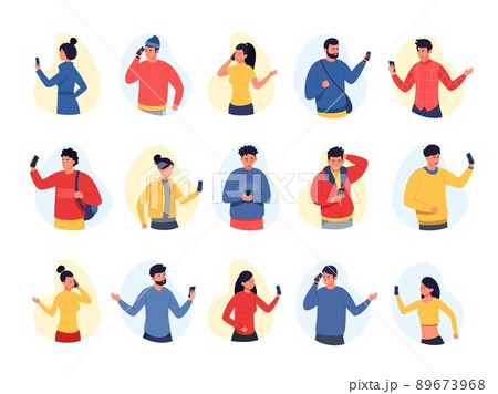 People talking on phone. Emotional characters communicating on smartphones, different reaction on conversation. Vector set People talking on phone. Emotional characters communicating on smartphones, different reaction on conversation. Vector set 89673968