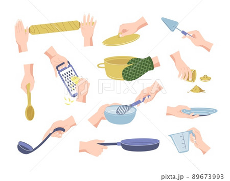 Arms cooking food set. Preparing process with female hands holding kitchen accessories and utensils. Vector kitchenware and culinary equipment set 89673993