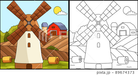 Windmill Coloring Page Colored Illustration Windmill Coloring Page Colored Illustration 89674373