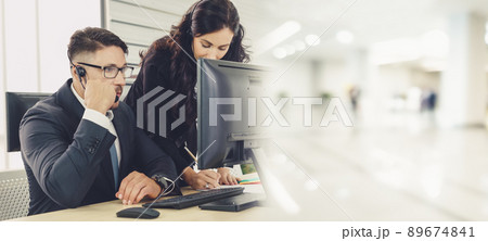 Business people wearing headset working in office broaden view 89674841
