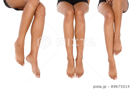 Tanned skin Woman show legs knee foots toe naked as body parts over white background isolated 89675014