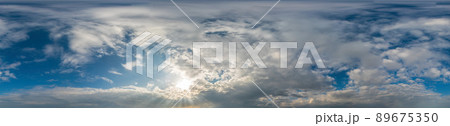 Blue sky with Cumulus clouds Seamless panorama in spherical equirectangular format. Complete zenith for use in 3D graphics, game and for composites in aerial drone 360 degree panoramas as a sky dome 89675350