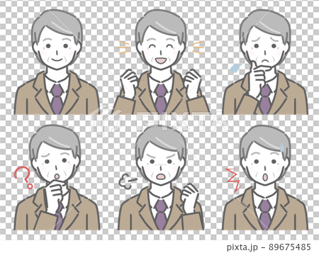 Various facial expressions of an elderly man in a suit 89675485