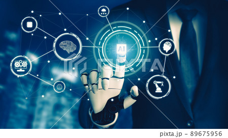 Futuristic AI thinking of droid robot artificial intelligence concept 89675956